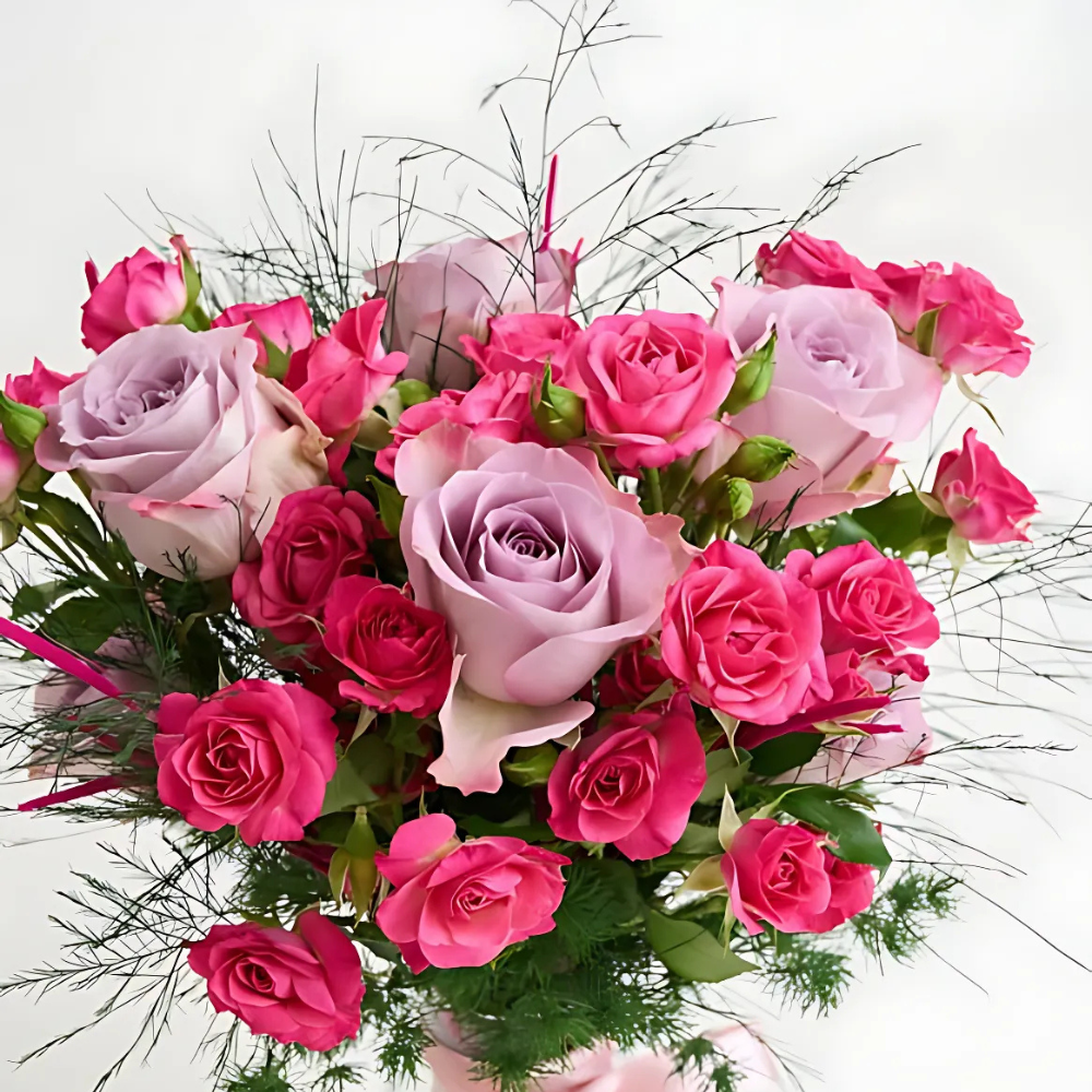 Premium Vazoda Pembe Çardak Gül ve Lila Gül - Rosentra | Premium Flowers