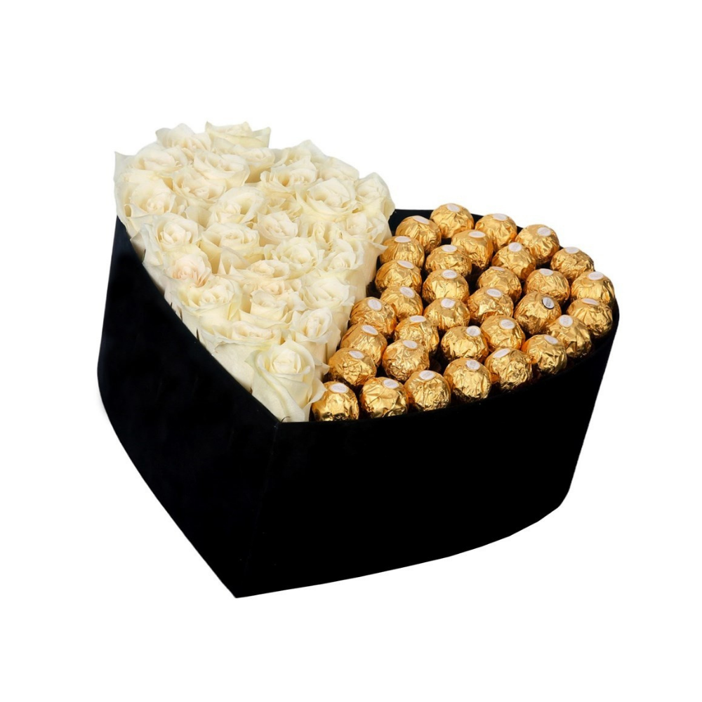 Büyük Kadife Kalp Kutuda Ferrero Rocherli Beyaz Gül - Rosentra | Premium Flowers