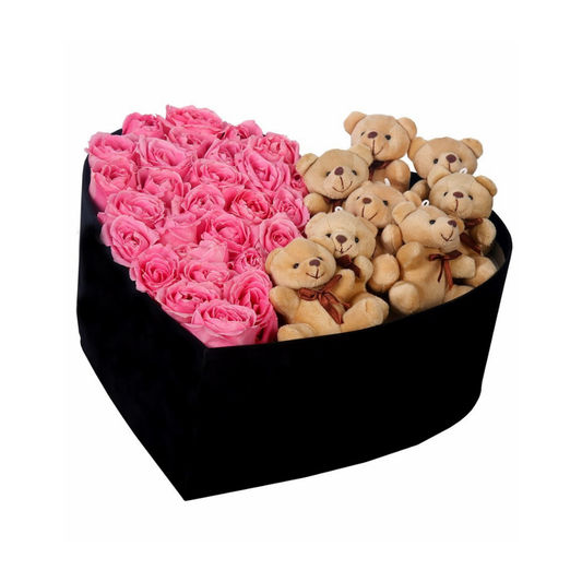 Büyük Kadife Kalp Kutuda Ayıcıklı Pembe Gül - Rosentra | Premium Flowers