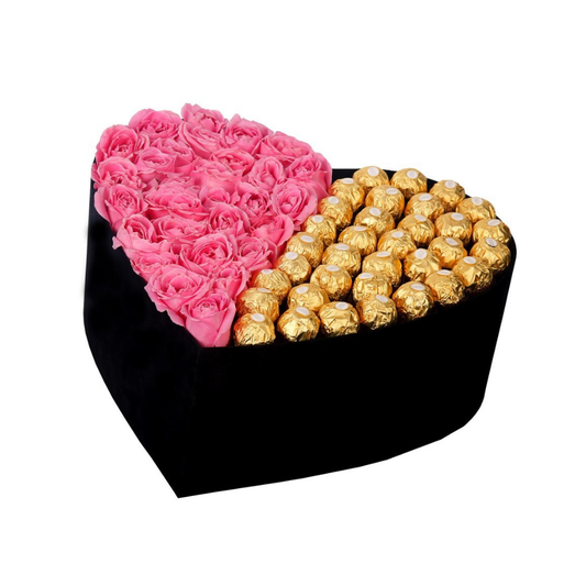 Büyük Kadife Kalp Kutuda Ferrero Rocherli Pembe Gül - Rosentra | Premium Flowers