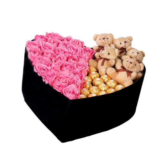 Büyük Kadife Kalp Kutuda Ayıcıklı Ferrero Rocherli Pembe Gül - Rosentra | Premium Flowers