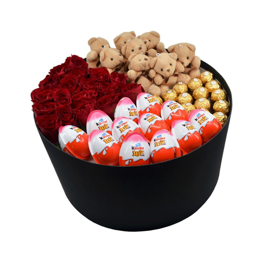 Büyük Silindir Kutuda Çikolatalı Ayıcıklı Kırmızı Gül - Rosentra | Premium Flowers