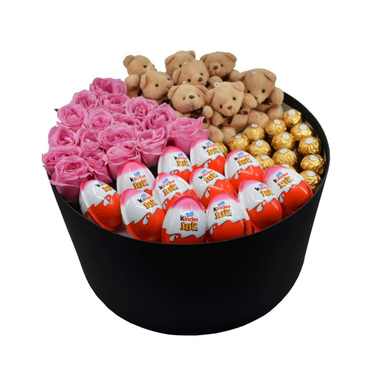 Büyük Silindir Kutuda Çikolatalı Ayıcıklı Pembe Gül - Rosentra | Premium Flowers