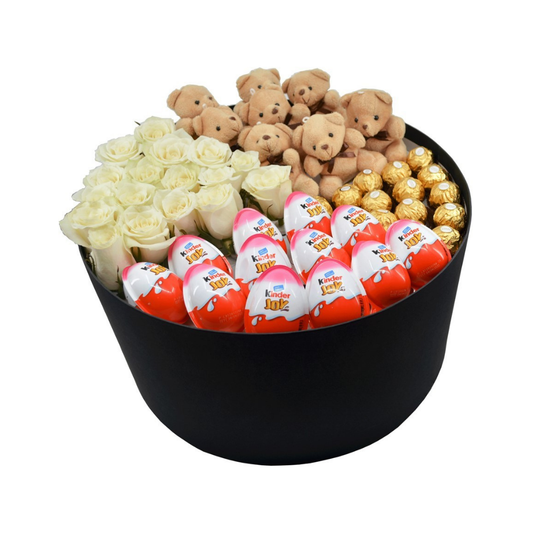 Büyük Silindir Kutuda Çikolatalı Ayıcıklı Beyaz Gül - Rosentra | Premium Flowers