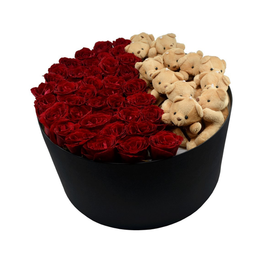 Büyük Silindir Kutuda Ayıcıklı Kırmızı Gül - Rosentra | Premium Flowers