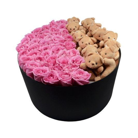 Büyük Silindir Kutuda Ayıcıklı Pembe Gül - Rosentra | Premium Flowers