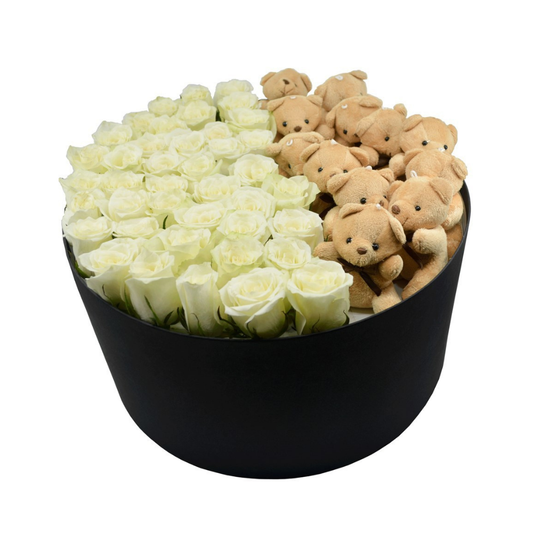 Büyük Silindir Kutuda Ayıcıklı Beyaz Gül - Rosentra | Premium Flowers