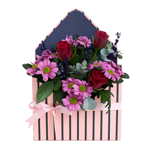 Zarf Rouge – Mor Zarf Kutuda Kırmızı Gül ve Pembe Papatya