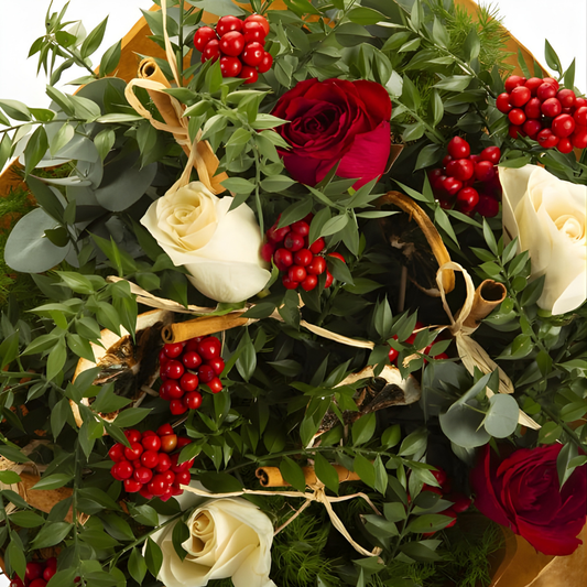 Classic Joy – Bukette Kırmızı Beyaz Gül ve Kokina