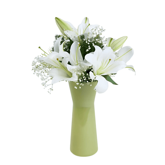 Yeşil Cam Vazoda Beyaz Lilyum Aranjmanı - Rosentra | Premium Flowers