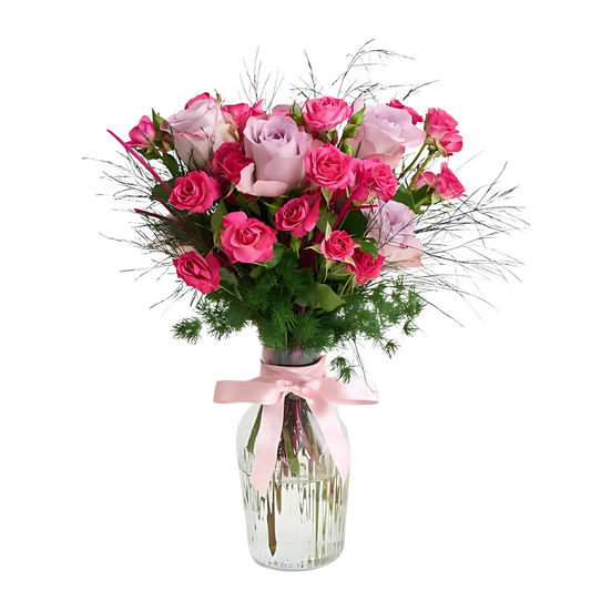 Premium Vazoda Pembe Çardak Gül ve Lila Gül - Rosentra | Premium Flowers