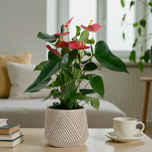 Desenli Saksıda Kırmızı Antoryum Saksı Çiçeği