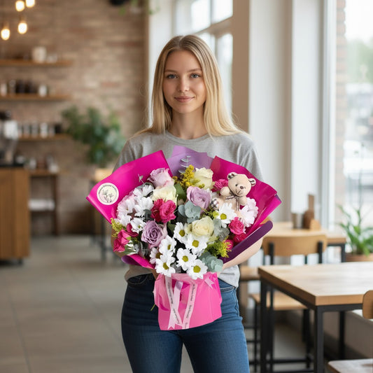 Pembe Bukette Renkli Güller ve Ayıcık