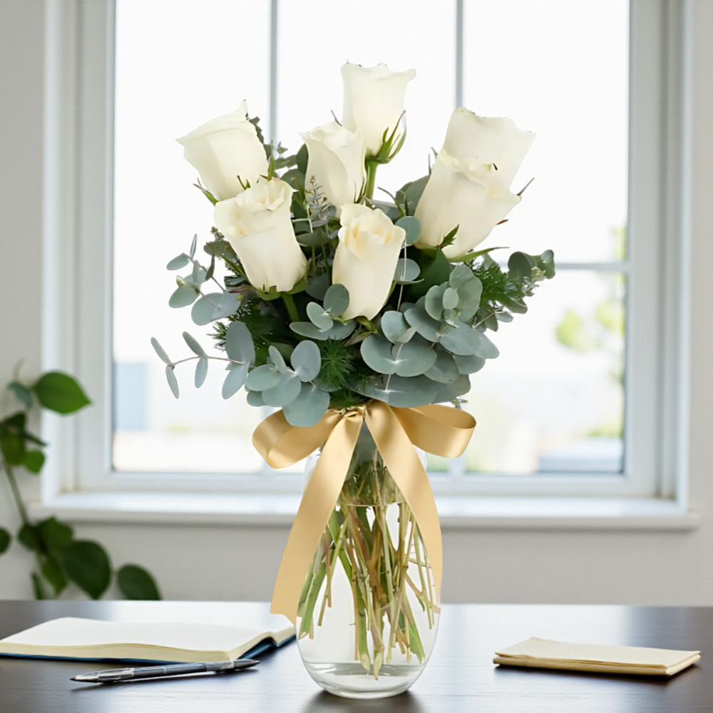 Vazoda 7’li Beyaz Gül