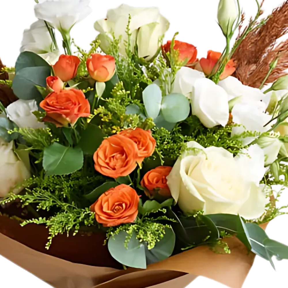 Rustic Orange – Kraft Bukette Turuncu Gül, Beyaz Gül ve Lisyantus