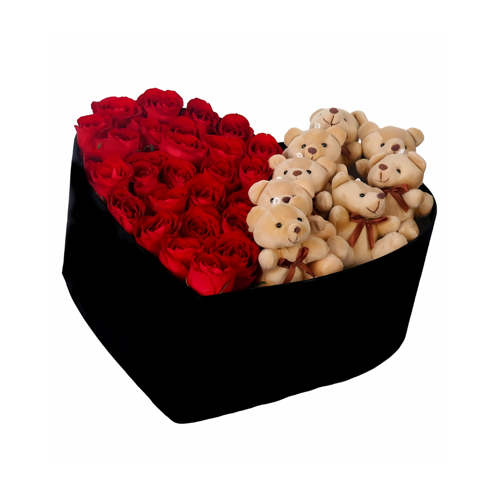 Büyük Kadife Kalp Kutuda Ayıcıklı Kırmızı Gül - Rosentra | Premium Flowers