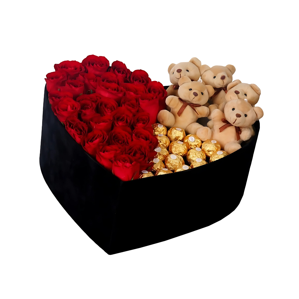 Büyük Kadife Kalp Kutuda Ayıcıklı Ferrero Rocherli Kırmızı Gül - Rosentra | Premium Flowers