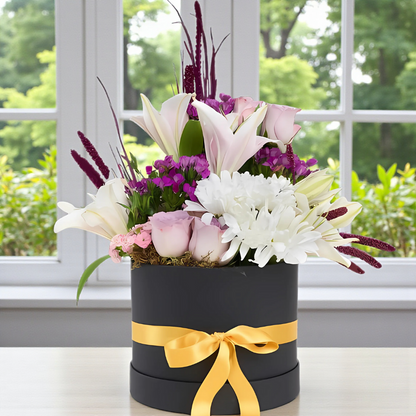 Violet Charm – Siyah Kutuda Lila Gül, Pembe Lilyum ve Papatya