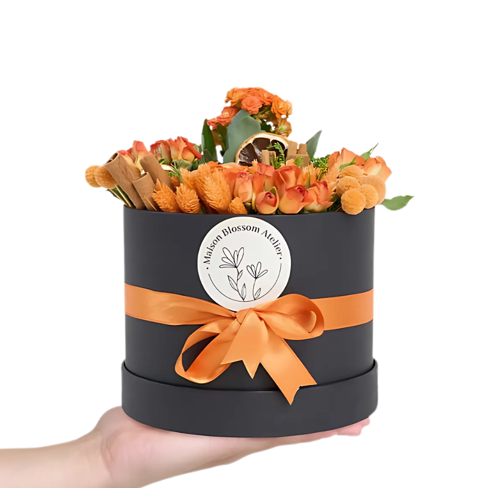 Orange Vibe – Siyah Kutuda Turuncu Çardak Gül ve Kalanchoe