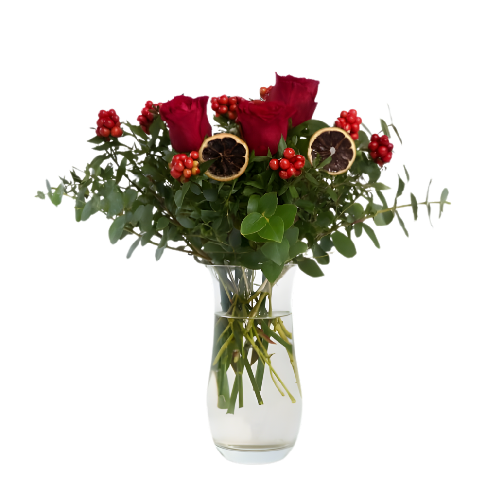 Ruby Glass – Cam Vazoda Kokina ve Kırmızı Gül Aranjmanı