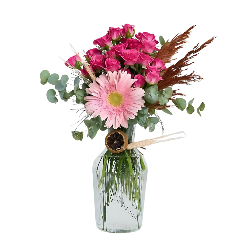 Premium Vazoda Pembe Gerbera ve Çardak Güller - Rosentra | Premium Flowers