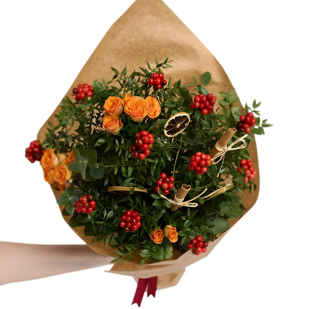 Warm Wishes – Kraft Bukette Turuncu Gül ve Kokina