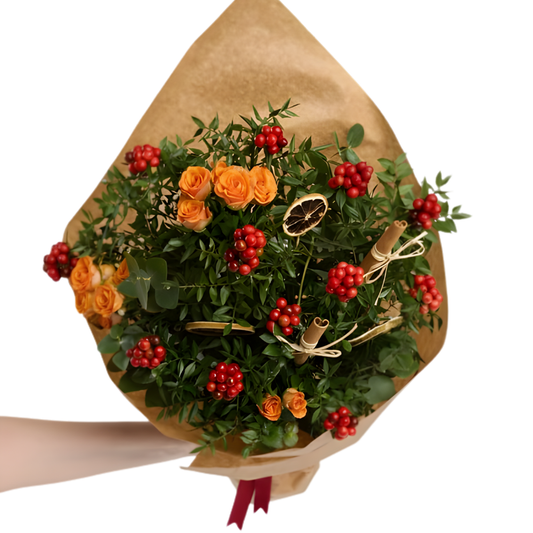 Warm Wishes – Kraft Bukette Turuncu Gül ve Kokina