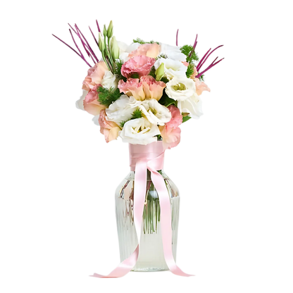 Pastel Touch – Cam Vazoda Pembe ve Beyaz Lisyantus
