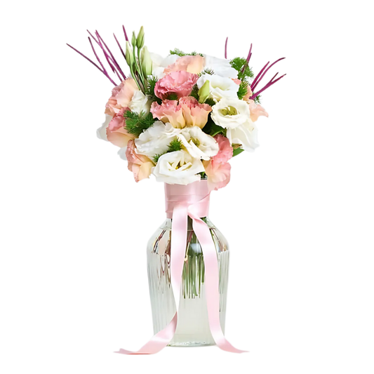 Pastel Touch – Cam Vazoda Pembe ve Beyaz Lisyantus