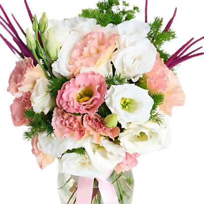 Pastel Touch – Cam Vazoda Pembe ve Beyaz Lisyantus