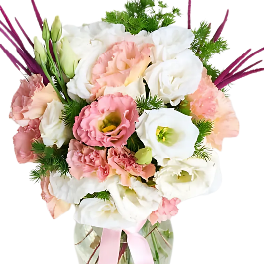 Pastel Touch – Cam Vazoda Pembe ve Beyaz Lisyantus