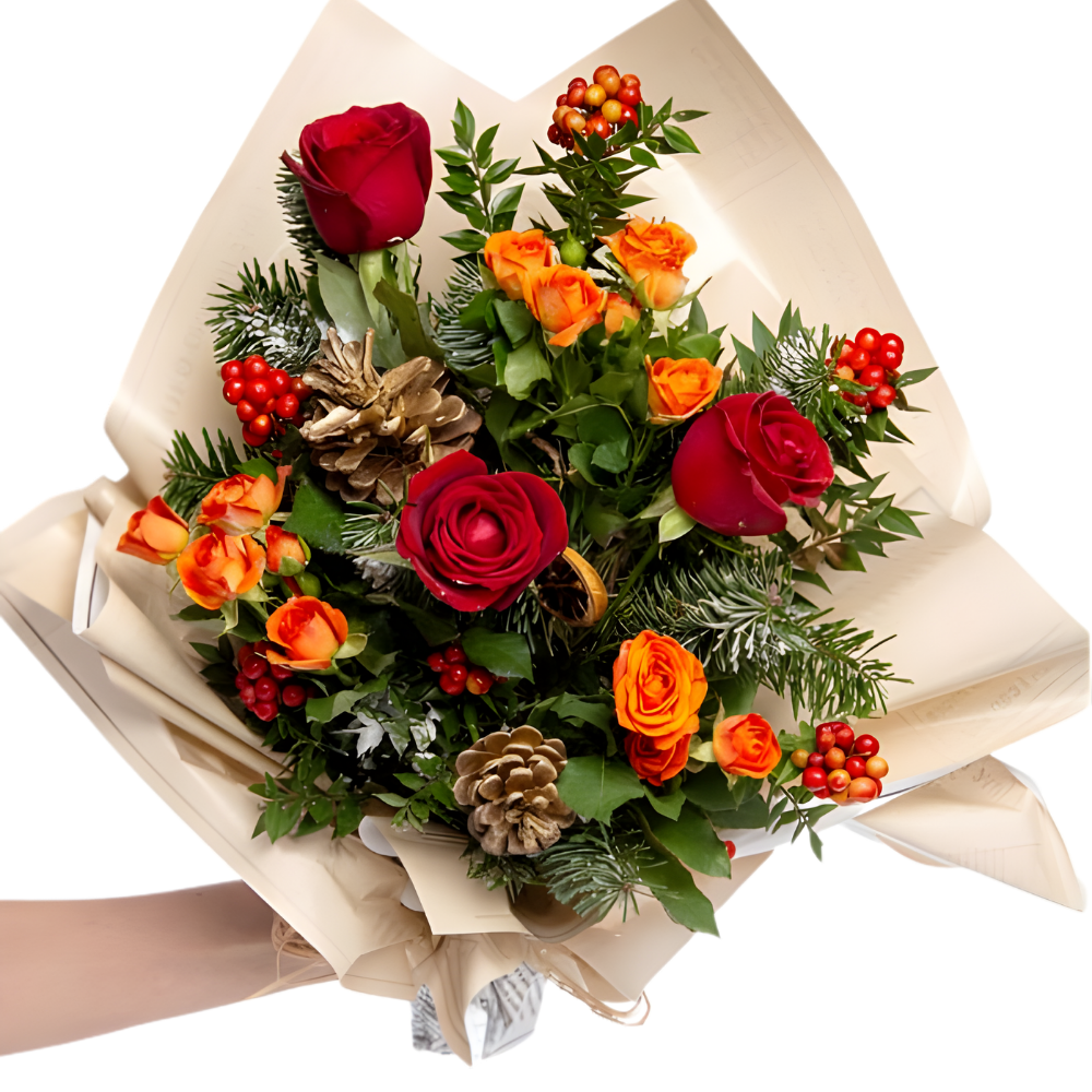 Fire Bloom – Turuncu ve Kırmızı Gül ile Kokina Buketi