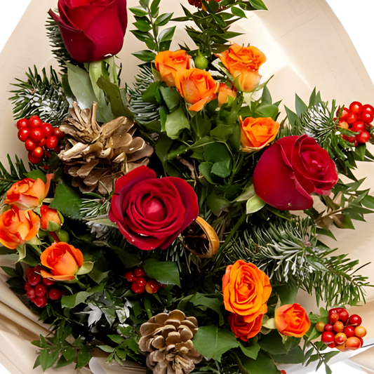 Fire Bloom – Turuncu ve Kırmızı Gül ile Kokina Buketi