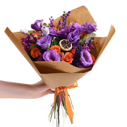 Violet Flame – Kraft Bukette Mor Lisyantus, Luna ve Turuncu Gül