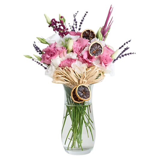 Gentle Bloom – Cam Vazoda Pembe ve Beyaz Lisyantus