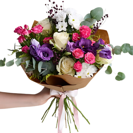 Field Fresh – Kraft Bukette Beyaz Gül, Papatya, Lisyantus ve Luna