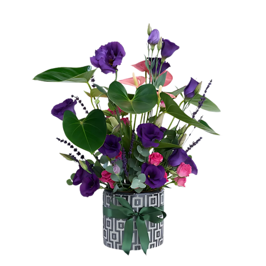 Purple Spirit – Gri Desenli Saksıda Antoryum ve Mor Lisyantus