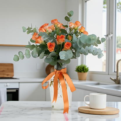 Premium Cam Vazoda Turuncu Çardak Güller