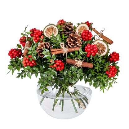 Red Globe – Cam Akvaryumda Kokina ve Kozalak Aranjmanı