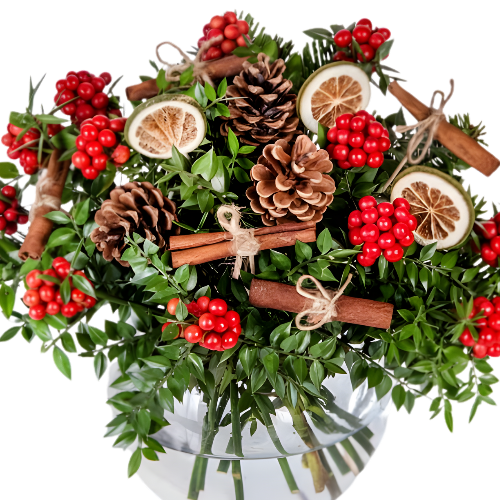 Red Globe – Cam Akvaryumda Kokina ve Kozalak Aranjmanı