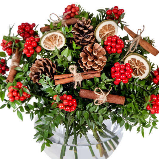 Red Globe – Cam Akvaryumda Kokina ve Kozalak Aranjmanı