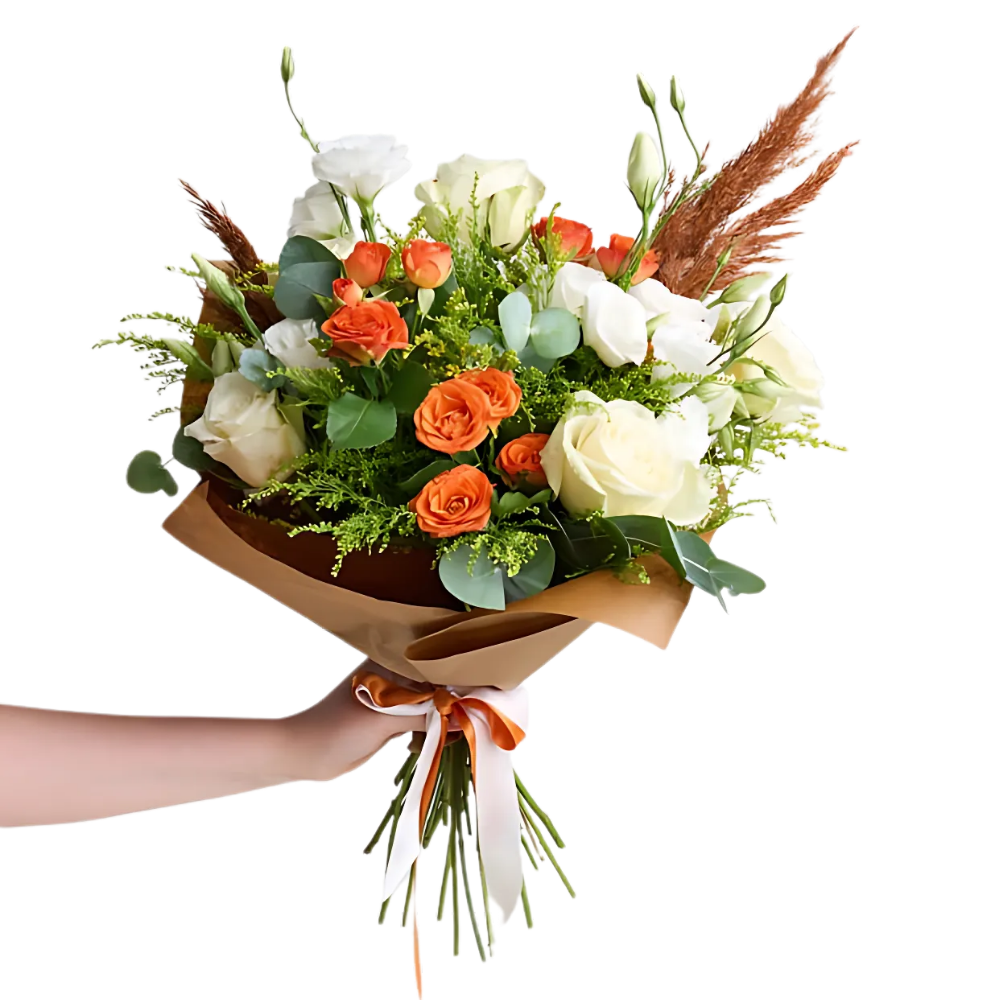 Rustic Orange – Kraft Bukette Turuncu Gül, Beyaz Gül ve Lisyantus