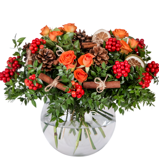 Warm Flame – Cam Akvaryumda Kokina ve Turuncu Gül