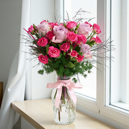 Premium Vazoda Pembe Çardak Gül ve Lila Gül
