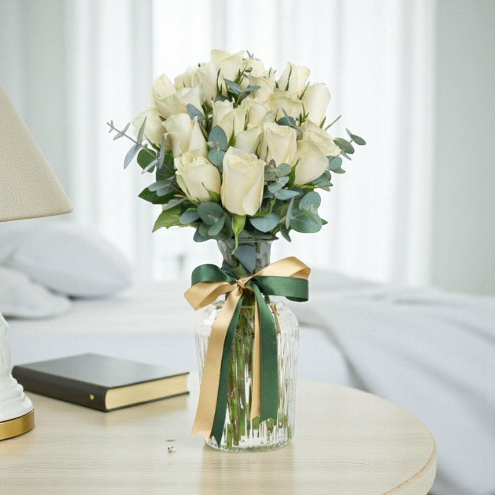 Premium Cam Vazoda 21 Beyaz Gül