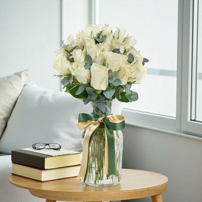 Premium Cam Vazoda 25 Beyaz Gül