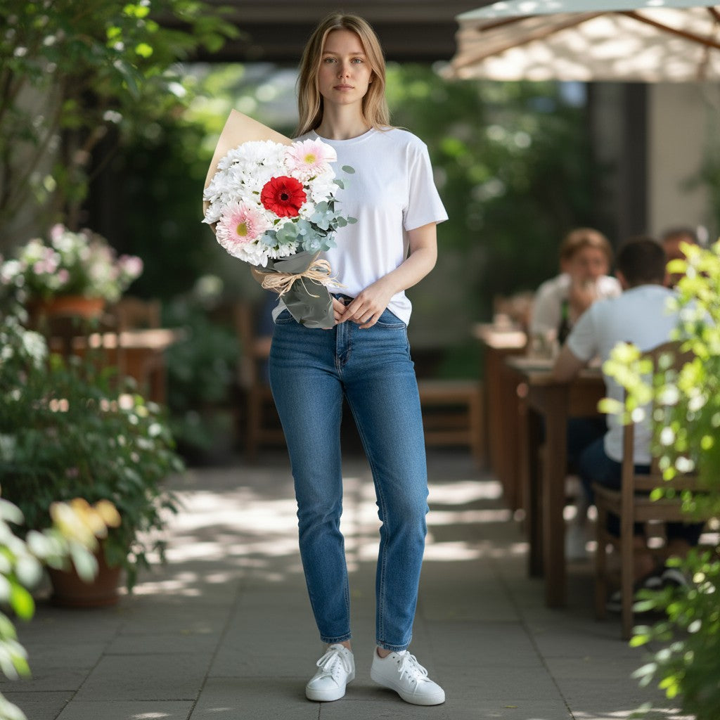 Yeşil Kahve Kağıtta Papatya ve Gerbera Buketi