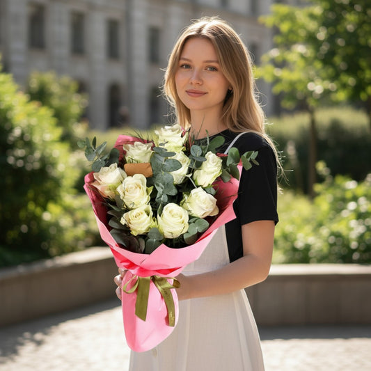 Pembe Kağıtta 9 Beyaz Gül Buketi