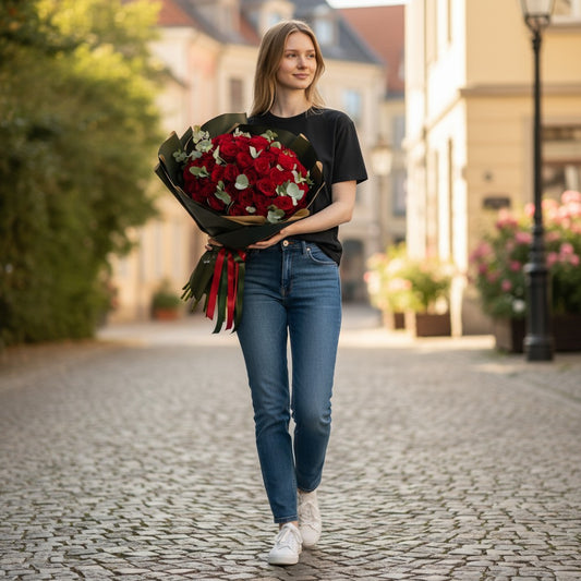 Premium Siyah Kağıtta 60 Kırmızı Gül Buketi